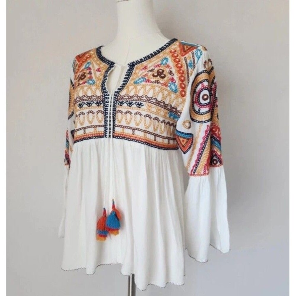 Feathers by Tolani Mara Embroidered Boho Blouse Tassel Bell-Sleeve White Sz.S